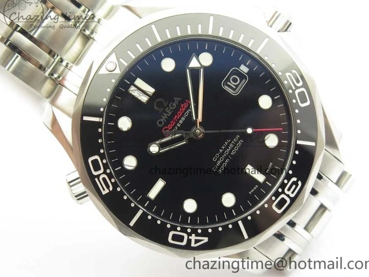 0227 HighQuality Seamaster 300M Chronometer SS Black OMF 1:1 Best Edition on SS Bracelet A2824 (Black Balance Wheel) V 7954